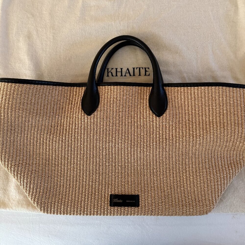 KHAITE Natural Straw Tote with Black Leather Handles